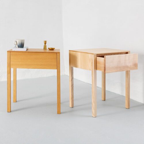 Simple hardwood bedside tables with drawer made from local sustainably sourced English hardwoods by HOUT Design in Cumbria