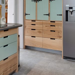 Bespoke contemporary farmhouse Kitchen made from local English Ash with occasional painted doors and cut out handles designed and made by HOUT