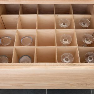 Bespoke hardwood glass storage drawer in Lake District Kitchen designed and made by HOUT