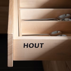 Bespoke hardwood Cutlery drawer in Lake District Kitchen designed and made by HOUT