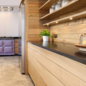 Beautiful large bespoke linear solid wood Elm kitchen in Cumbria designed and made by HOUT