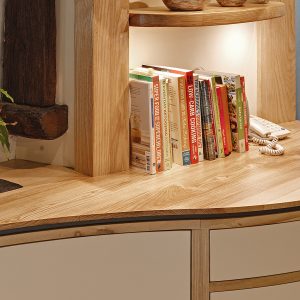 Contemporary highly bespoke solid wood Ash curved farmhouse kitchen designed and made in Cumbria by HOUT